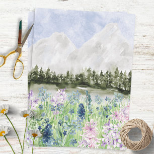 Watercolor Blue Purple Flower Meadow on Mountain Tissue Paper