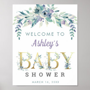 Watercolor Blue purple flowers welcome Baby shower Poster