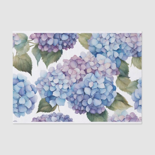Watercolor Blue, Purple Hydrangea Flowers  Tissue Paper (Front)