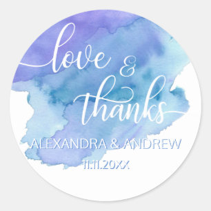 Watercolor Blue Purple Wedding Love & Thanks Classic Round Sticker