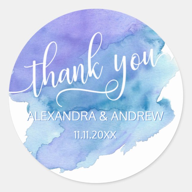 Watercolor Blue Purple Wedding THANK YOU Classic Round Sticker (Front)