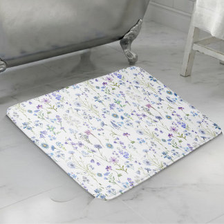 Watercolor Blue Purple Wildflower Floral Pattern Bath Mat