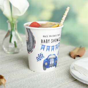 Watercolor Blue Race Car Baby Shower Paper Cups