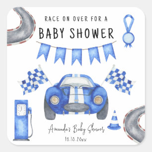 Watercolor Blue Race Car Baby Shower  Square Sticker