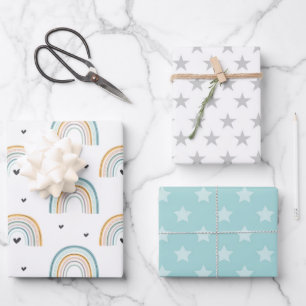 Watercolor Blue Rainbow and Stars Wrapping Paper Sheet