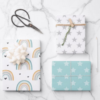 Watercolor Blue Rainbow and Stars Wrapping Paper Sheet
