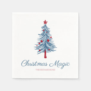 Watercolor Blue Red Tree Christmas Holiday Party Napkin