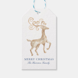 Watercolor Blue Reindeer Christmas Gift Tags