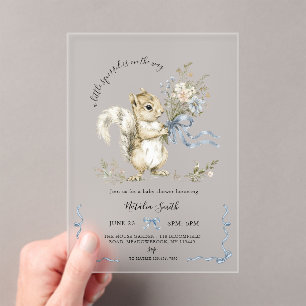 Watercolor Blue Ribbon Squirrel Baby Shower  Acrylic Invitations