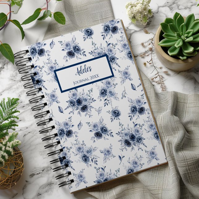 Watercolor Blue Rose Personalised Journal Notebook (Adele Blue Roses Spiral Notebook)