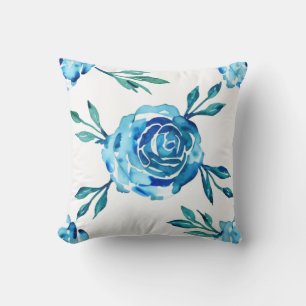 Watercolor Blue Roses and Foliage Cushion