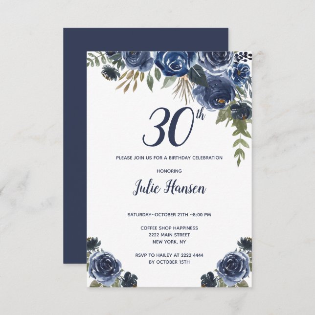 Watercolor Blue Roses Birthday Invitation (Front/Back)