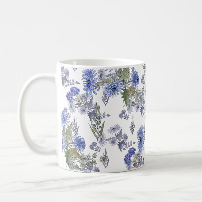 Watercolor blue roses flowers feathers white coffee mug (Left)
