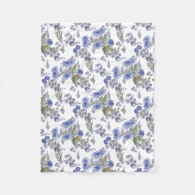 Watercolor blue roses flowers feathers white fleece blanket (Front)