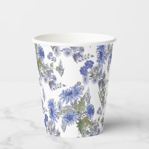 Watercolor blue roses flowers feathers white napki paper cups