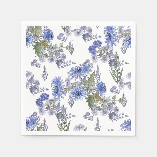 Watercolor blue roses flowers feathers white napkin (Front)
