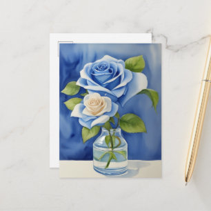 Watercolor Blue Roses in A Vase Postcard