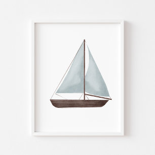 Watercolor blue sail boat poster