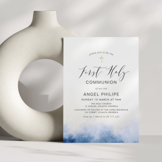 watercolor blue script first holy communion invitation (Creator Uploaded)
