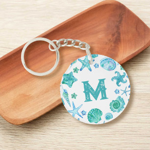 Watercolor Blue Sea Shells and Starfish Monogram Key Ring