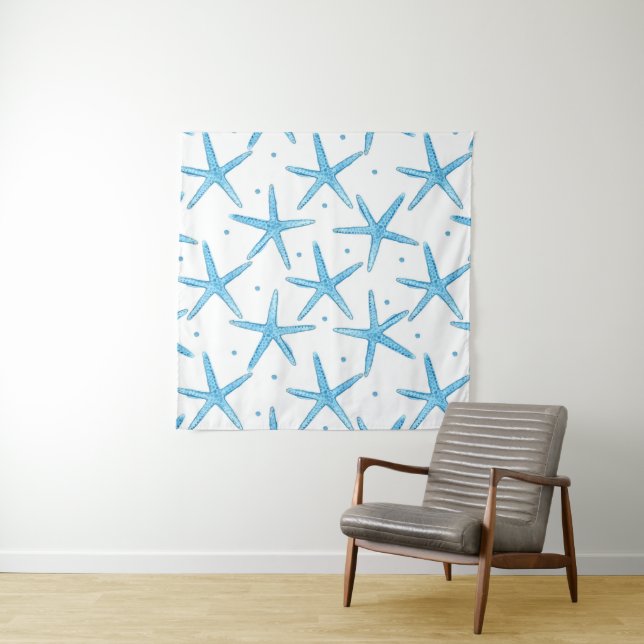 Watercolor Blue Sea Stars Pattern Tapestry (In Situ (Horizontal))
