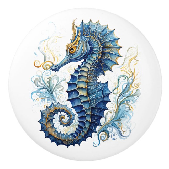 Watercolor blue seahorse design ceramic knob (Front)