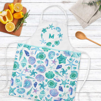 Watercolor Blue Seashells and Starfish Monogram Apron