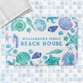 Watercolor Blue Shells and Starfish Beach House Bath Mat