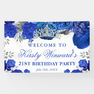 Watercolor Blue Silver Flowers Birthday Banner