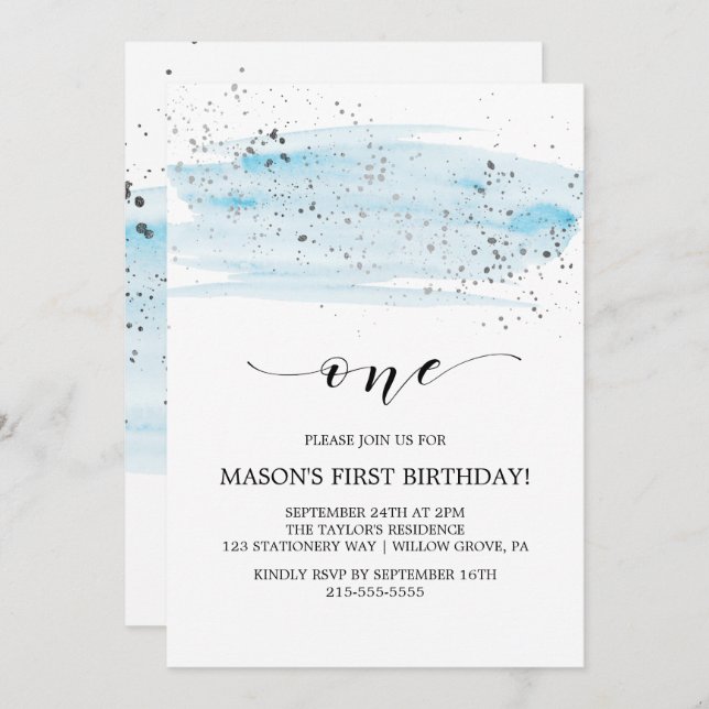 Watercolor Blue & Silver Sparkle First Birthday Invitation (Front/Back)