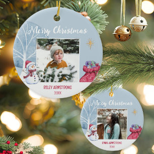Watercolor Blue Snowman Winter Christmas Photo Ceramic Tree Decoration