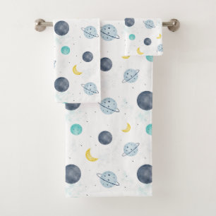 Watercolor Blue Space Planet Pattern Bath Towel Set