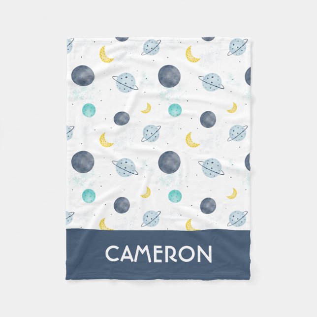 Watercolor Blue Space Planet Pattern Fleece Blanket (Front)