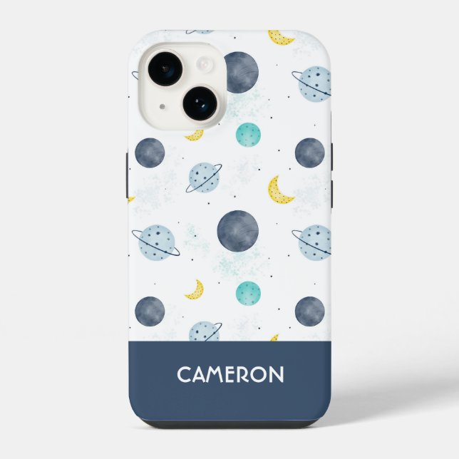 Watercolor Blue Space Planet Pattern iPhone Case (Back)
