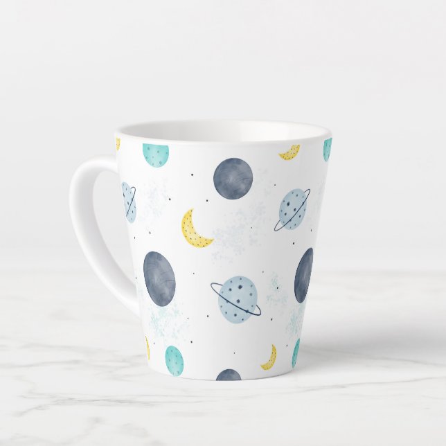 Watercolor Blue Space Planet Pattern Latte Mug (Left Angle)
