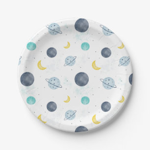 Watercolor Blue Space Planet Pattern Paper Plate