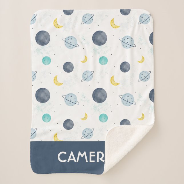 Watercolor Blue Space Planet Pattern Sherpa Blanket (Front)