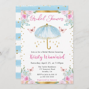 Watercolor Blue Spring Umbrella Bridal Shower Invitation