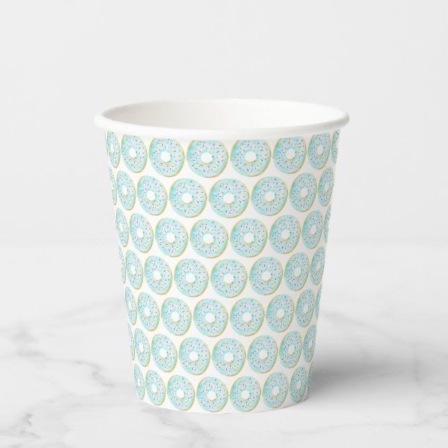 Watercolor Blue Sprinkle Doughnuts Pattern Birthda Paper Cups (Front)