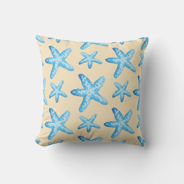 Watercolor Blue Starfish Pattern Cushion (Front)