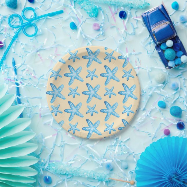 Watercolor Blue Starfish Pattern Paper Plate (Party)