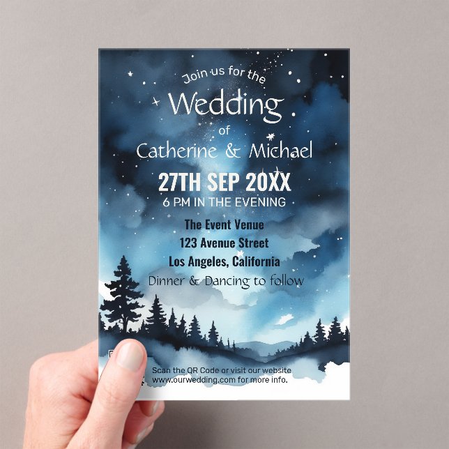 Watercolor Blue Starry Night Sky Celestial Wedding Acrylic Invitations (Insitu (Handheld))