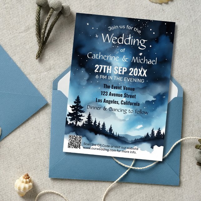 Watercolor Blue Starry Night Sky Celestial Wedding Invitation (Creator Uploaded)