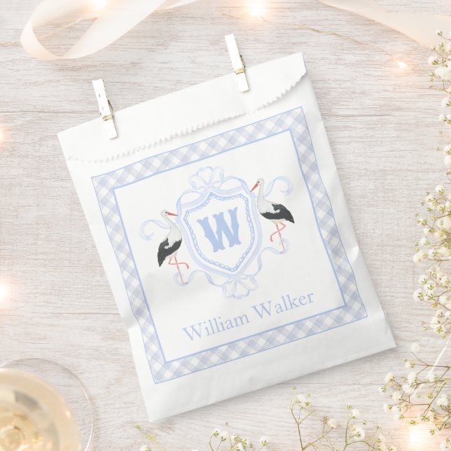 Watercolor Blue Stork Gingham Monogram Crest Favour Bags (Clipped)