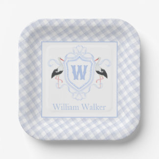 Watercolor Blue Stork Gingham Monogram Crest Paper Plate