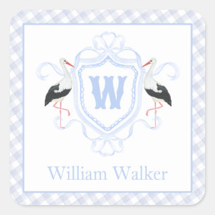 Watercolor Blue Stork Gingham Monogram Crest Square Sticker