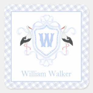 Watercolor Blue Stork Gingham Monogram Crest Square Sticker