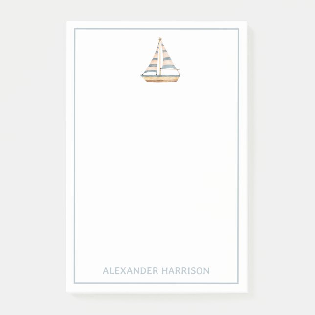 Watercolor Blue Stripe Sailboat Post-it Notes (Front)