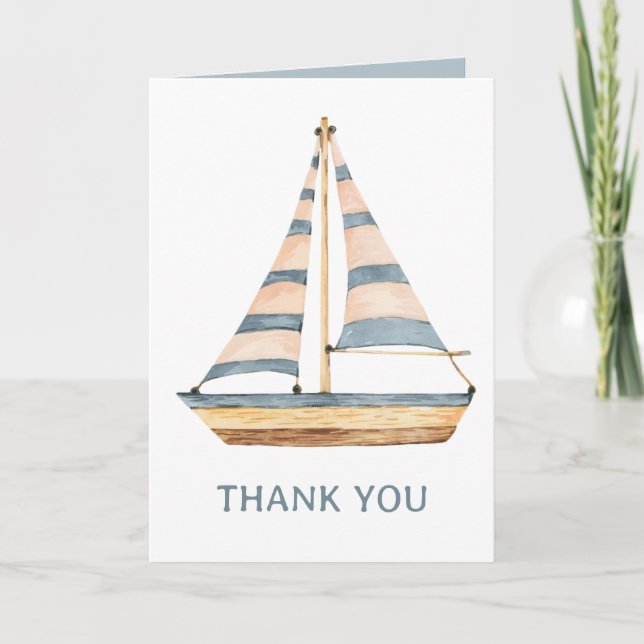 Watercolor Blue Stripe Sailboat Thank You Card (Front)
