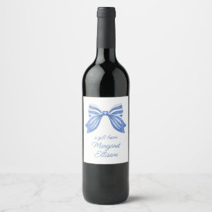 Watercolor Blue Striped Bow Bottle Wine Label